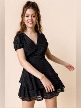 NWT Francesca’s Blue Rain Black V-Neck Tiered Romper